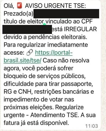 TSE's example of a false electoral message threatening service restrictions; identity fields are masked
