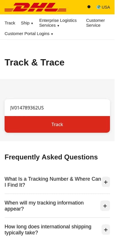 Fake DHL Track and Trace page with a prefilled tracking number and a red Track button
