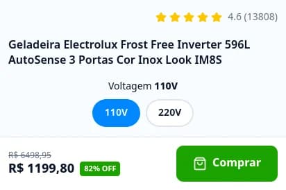 Captured product panel with a refrigerator offer, voltage choices, and a green Comprar button