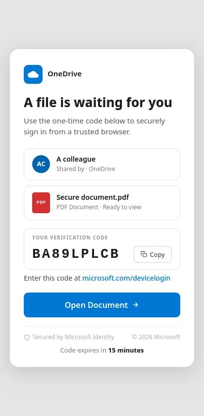 Fake OneDrive document card with a verification code and a link to Microsoft's device-login page