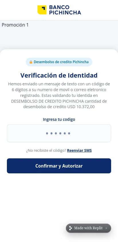 Later fake Banco Pichincha code prompt reached in the paired Sandfish capture, before code entry