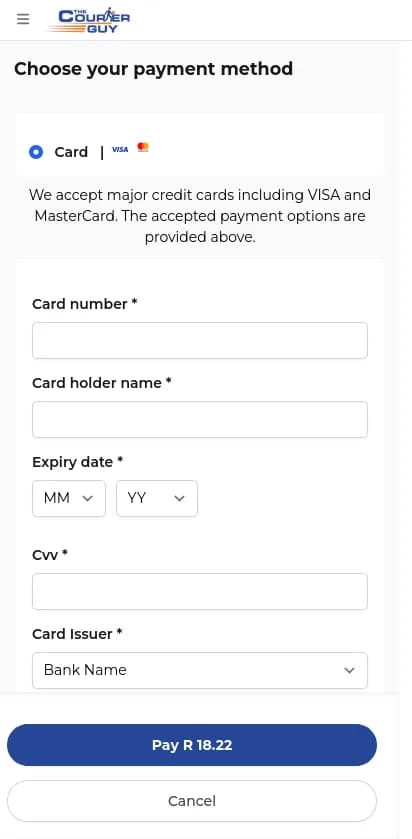 Fake payment form asking for a card number, cardholder name, expiry, security code, and issuing bank, with a Pay R18.22 button