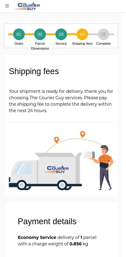 Fake Courier Guy shipping-fee page with a delivery illustration and a checkout progress bar