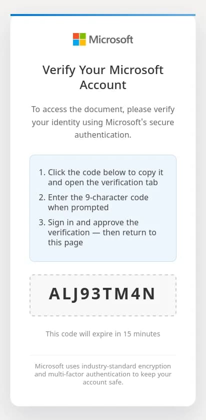 Microsoft account-verification imitation with a nine-character code and instructions to sign in, approve verification, and return to the page