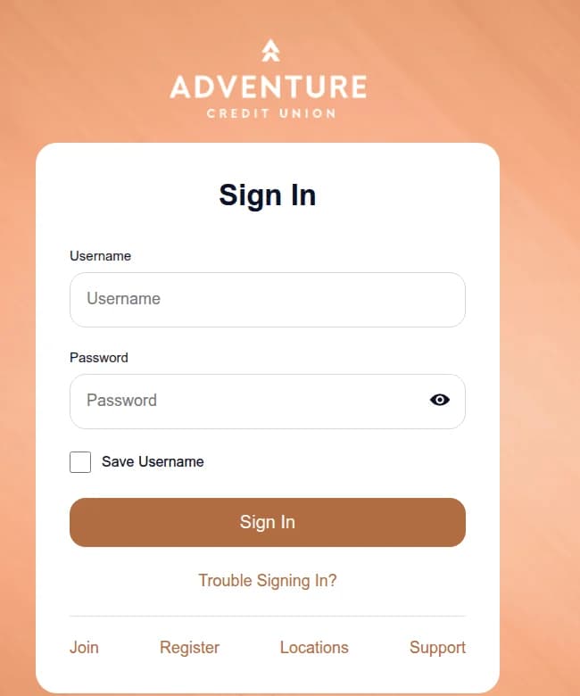 Phishing login page that impersonates Adventure Credit Union and asks for a username and password
