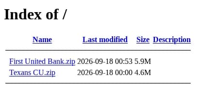 Sandfish screenshot of an open directory that lists First United Bank.zip and Texans CU.zip
