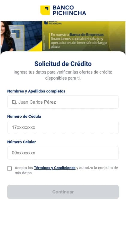 urlscan capture of a fake Banco Pichincha credit form with empty name, identity-number, and phone fields