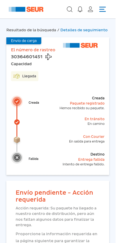 SEUR impersonation page displaying a fixed tracking number and a failed delivery