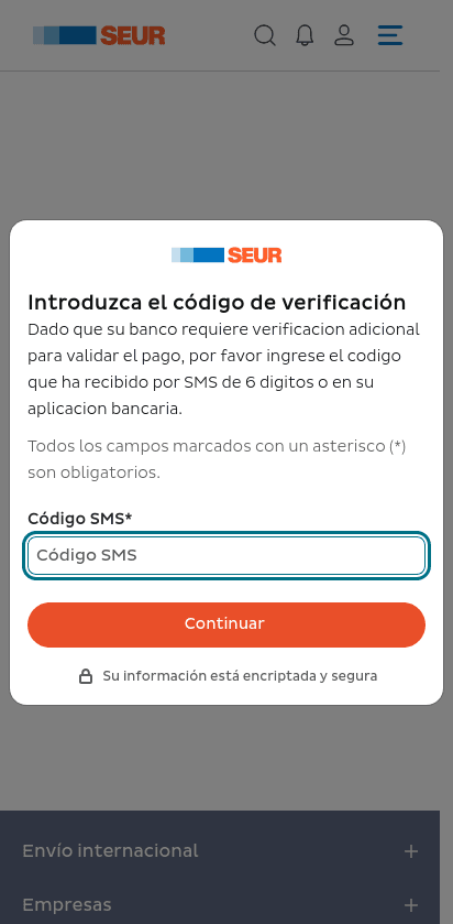 SEUR-branded modal claiming bank verification is required and asking for a six-digit SMS code