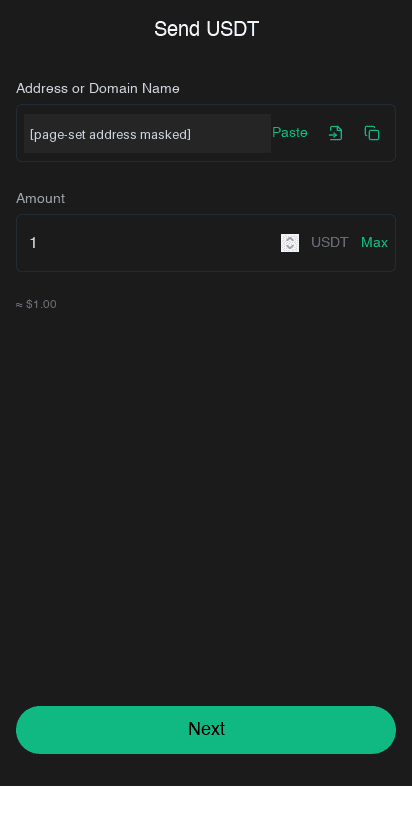 Captured Send USDT page with a masked page-set address, amount 1, an approximate value of $1.00, Max, and an enabled Next button.